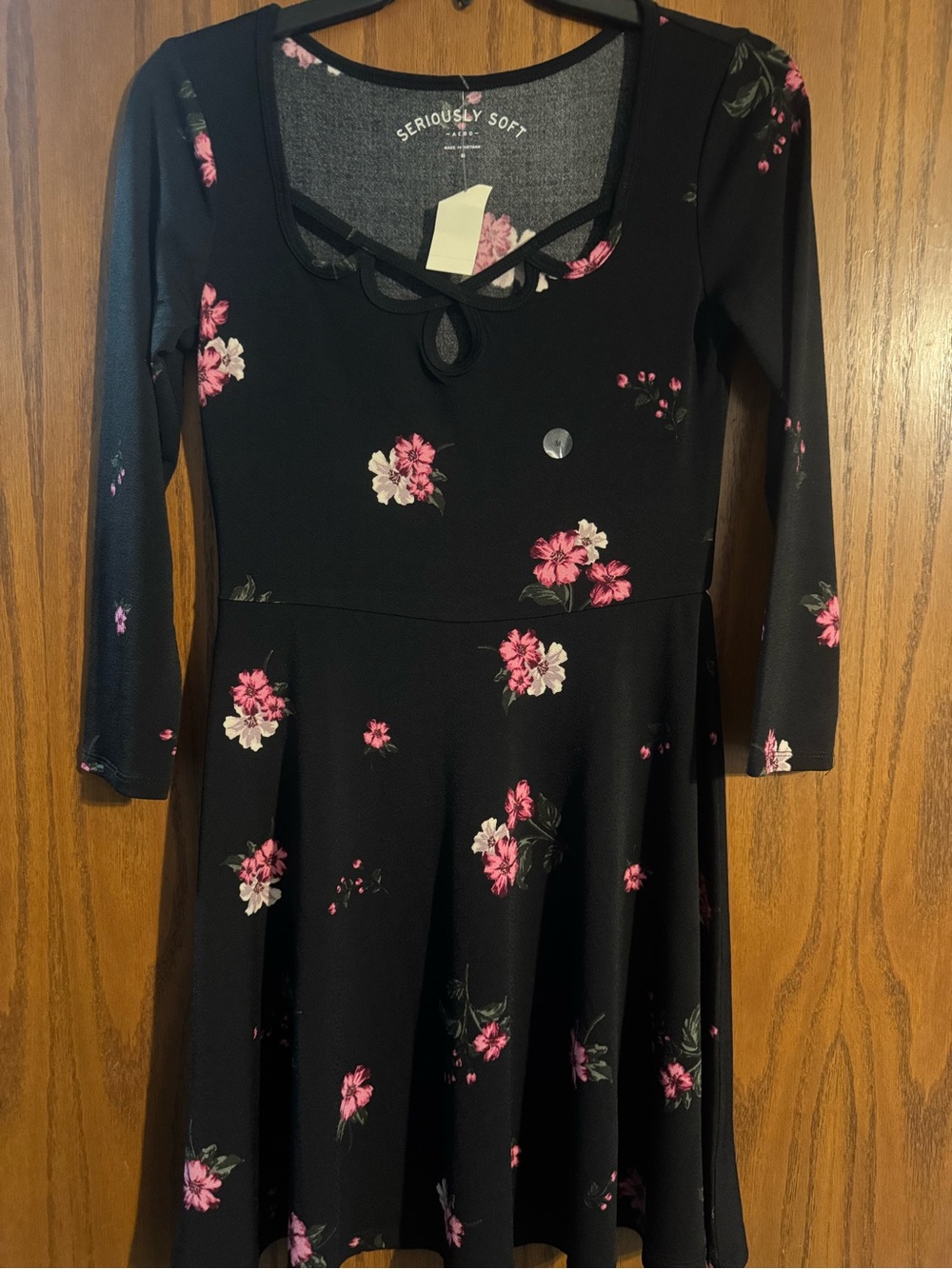Seriously Soft Black Long-Sleeve Floral Skater Dress with Pink Accents